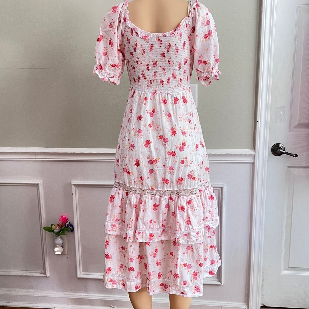 LoveShackFancy Dress Small Smocked Midi Puff Sleeve Pink Cottage Shabby Chic - Picture 12 of 14